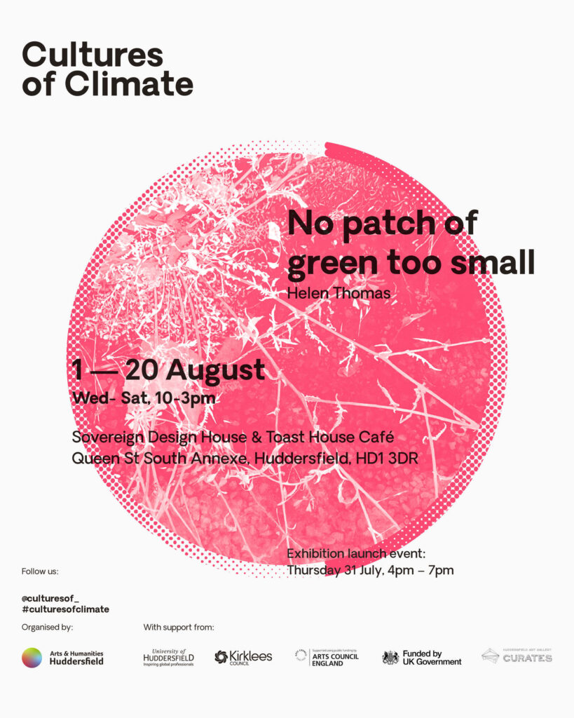 Exxhibition poster for 'Helen Thomas, No patch of green too small' White background with black text, over a strong pink circular graphic.